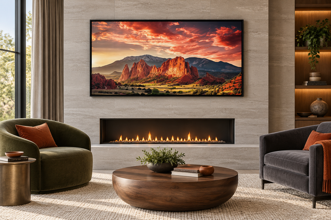 Garden of the Gods Pikes Peak Colorado Mountains framed canvas wall art above a modern fireplace.