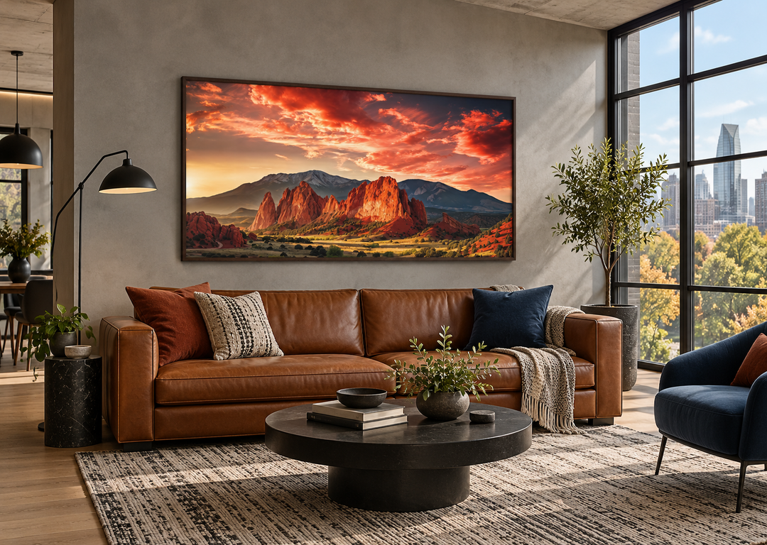 Framed canvas wall art of Garden of the Gods and Pikes Peak at sunset above a brown leather sofa.