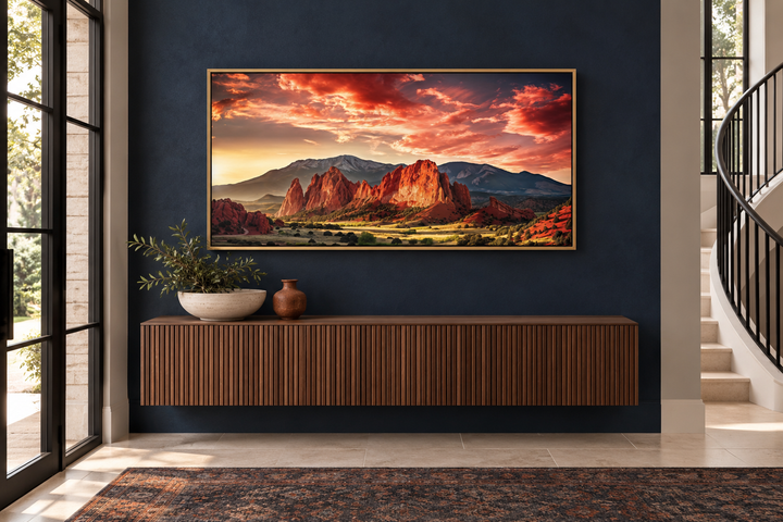 Garden of the Gods Pikes Peak Colorado Mountains framed canvas wall art in a gold frame on navy wall.