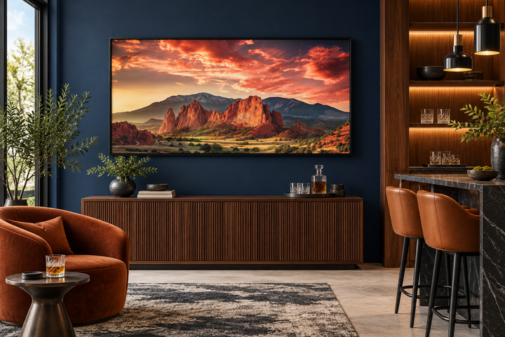 Garden of the Gods Pikes Peak Colorado Mountains framed canvas wall art in a modern navy living room.