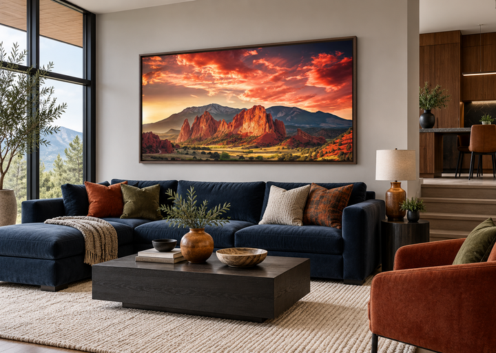 Garden of the Gods Pikes Peak Colorado Mountains framed canvas wall art above a navy sectional sofa.