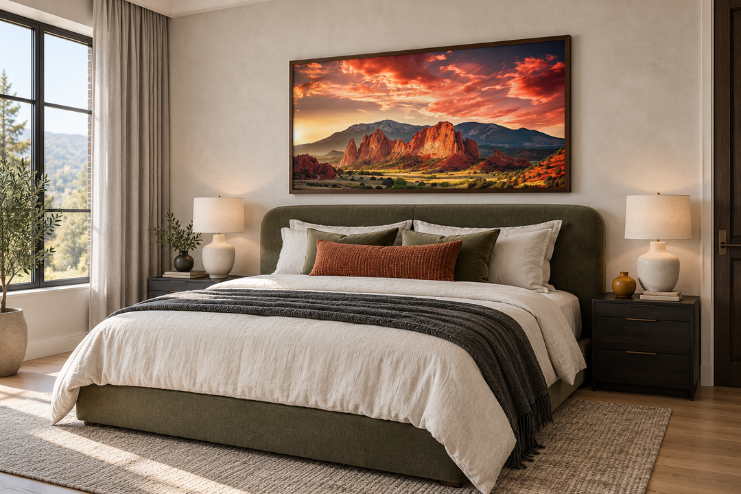 Framed canvas wall art of Garden of the Gods and Pikes Peak at sunset above a bed in a bedroom.