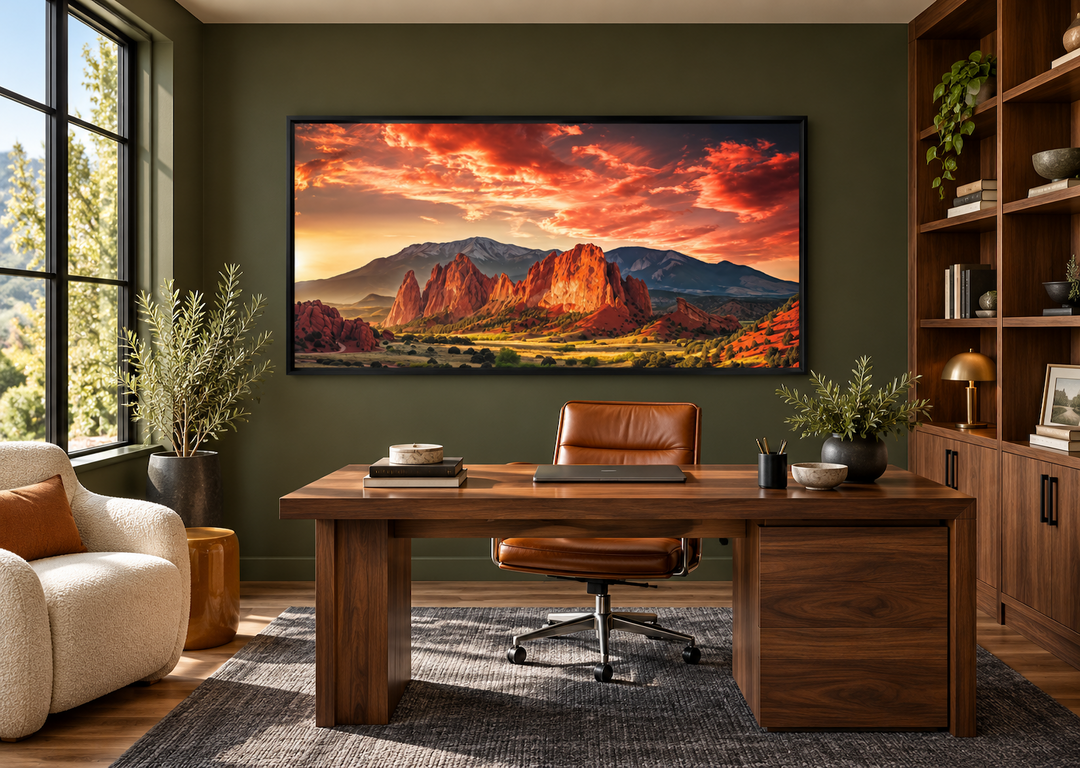 Framed canvas wall art of Garden of the Gods and Pikes Peak at sunset in a modern home office.