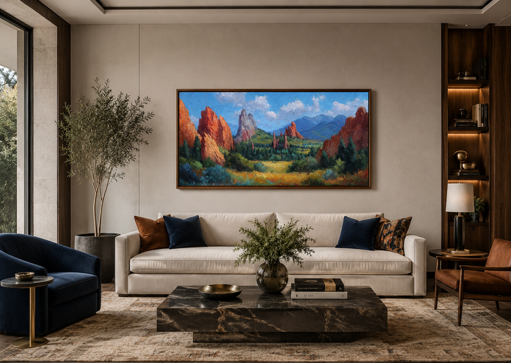 Colorado Garden of the Gods canvas wall art featuring red rock formations in a modern living room.
