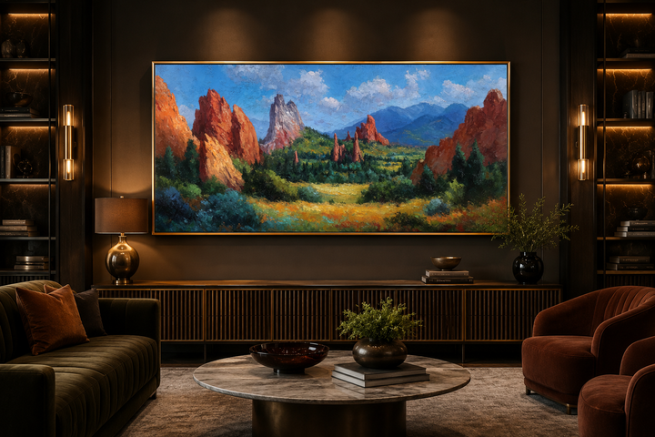 Colorado Garden of the Gods canvas wall art featuring red rock spires in a landscape painting.