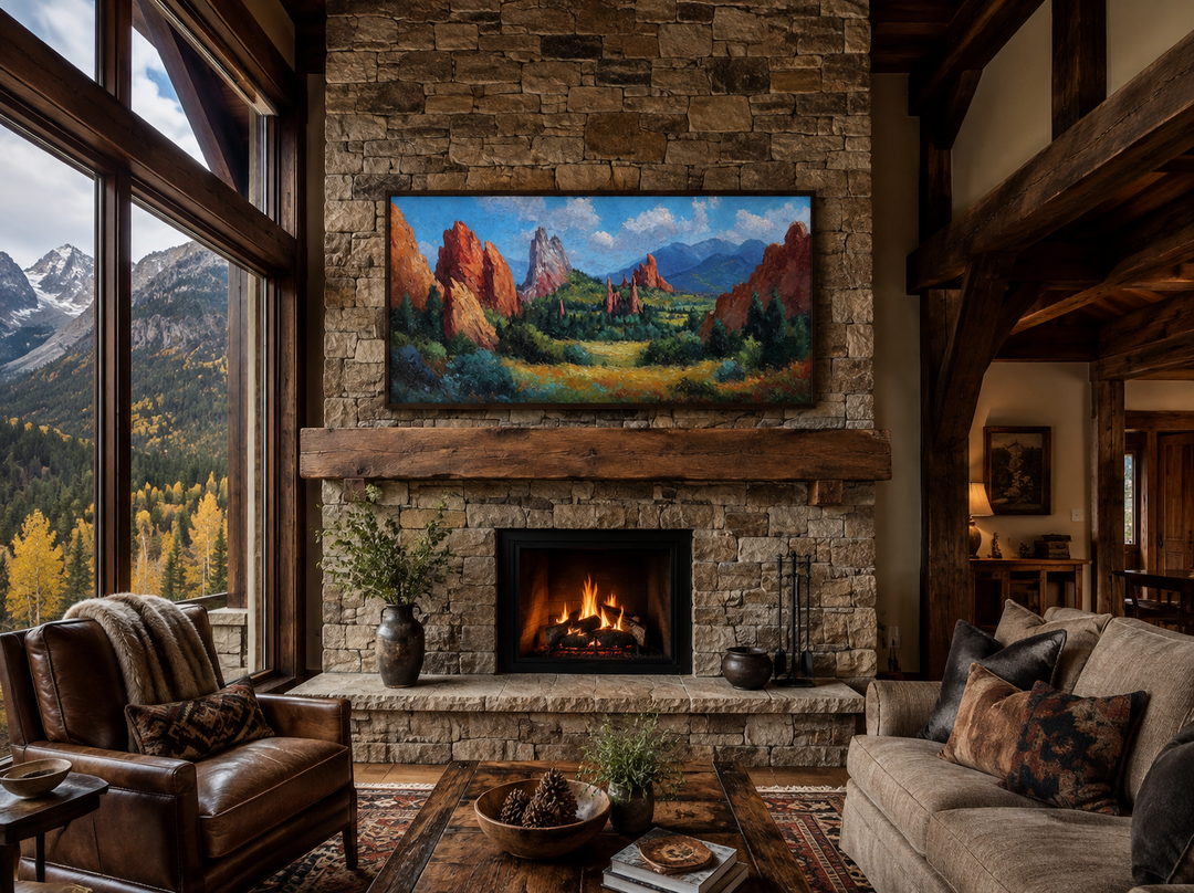 Colorado Garden of the Gods canvas wall art above a stone fireplace in a rustic living room.