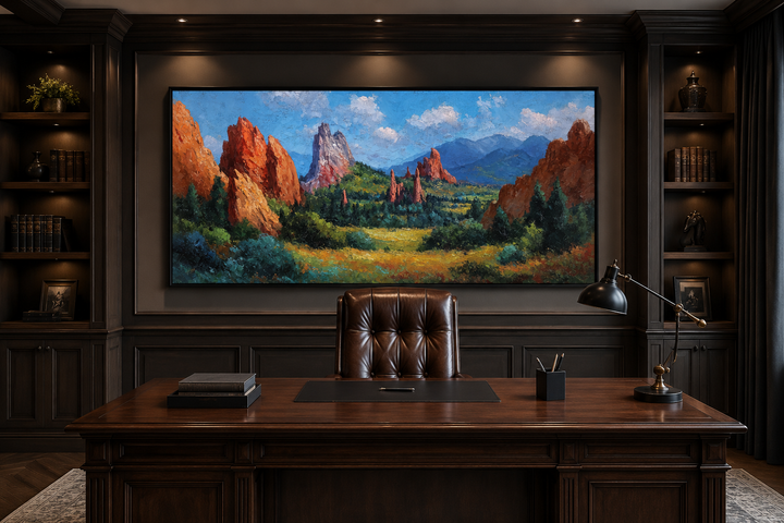 Colorado Garden of the Gods canvas wall art featuring red rock spires in a dark wood office.