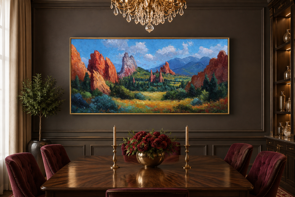 Colorado Garden of the Gods canvas wall art featuring red rock spires in a dining room setting.