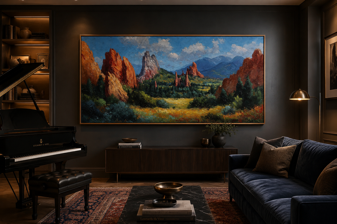 Colorado Garden of the Gods canvas wall art featuring red rock spires in a dark living room.