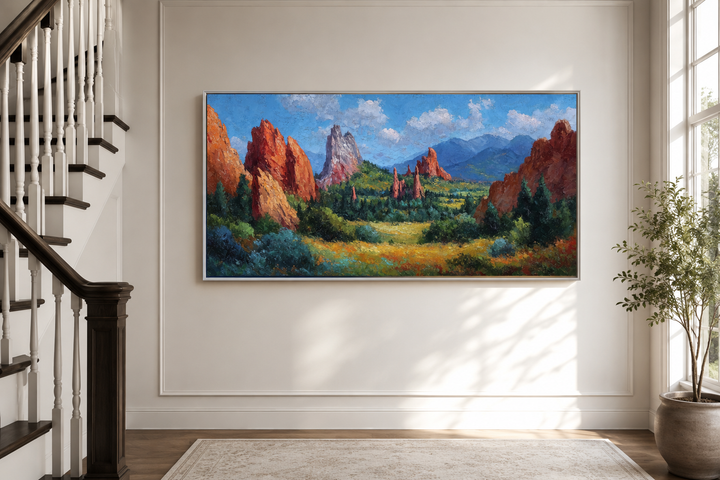 Colorado Garden of the Gods canvas wall art featuring red rock spires in a landscape painting.