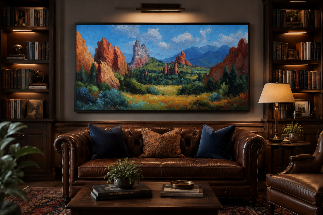 Colorado Garden of the Gods canvas wall art featuring red rock spires in a mountain landscape.