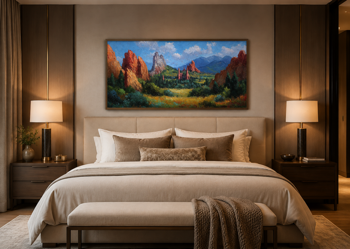 Colorado Garden of the Gods canvas wall art featuring red rock spires above a bedroom headboard.