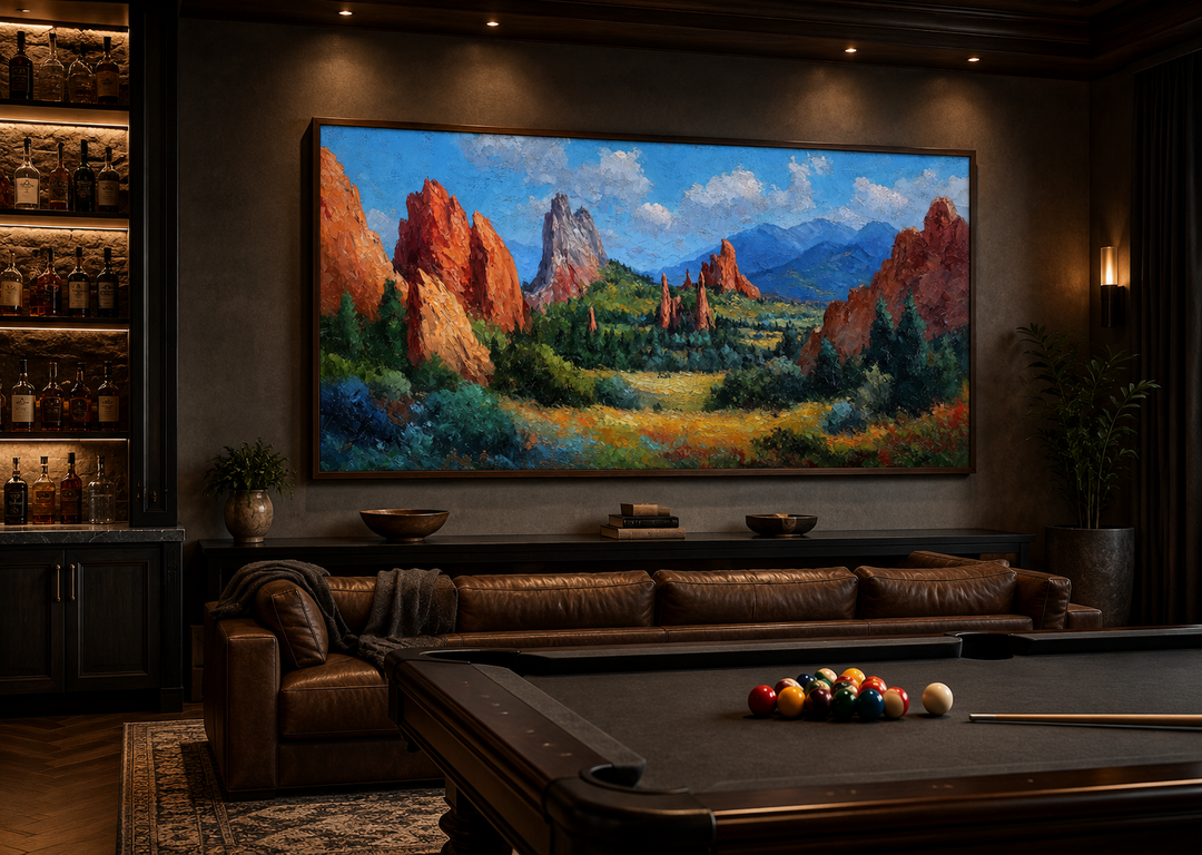 Colorado Garden of the Gods canvas wall art featuring red rock spires in a dark, modern game room.