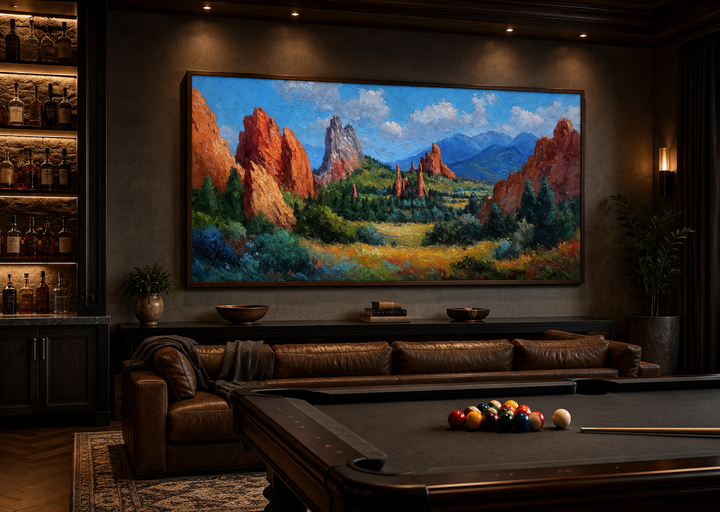 Colorado Garden of the Gods canvas wall art featuring red rock spires in a dark, modern game room.
