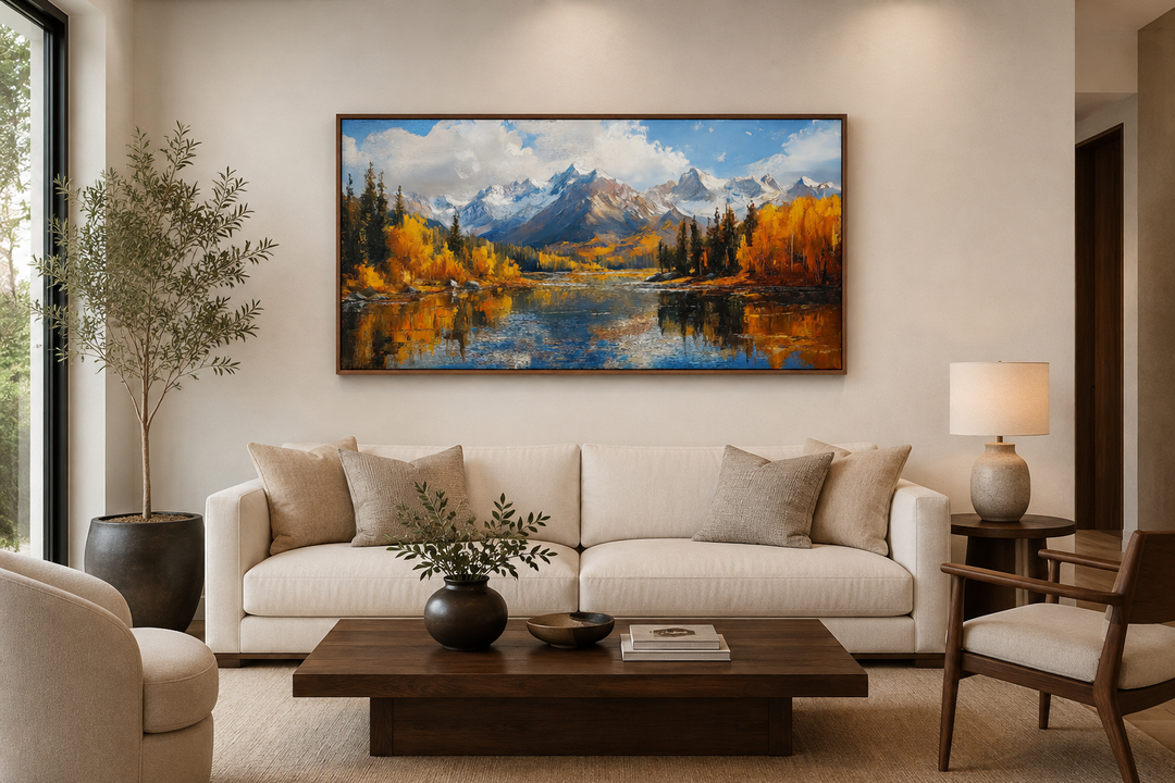 Colorado Rocky Mountains in Autumn framed canvas wall art above a sofa in a modern living room.