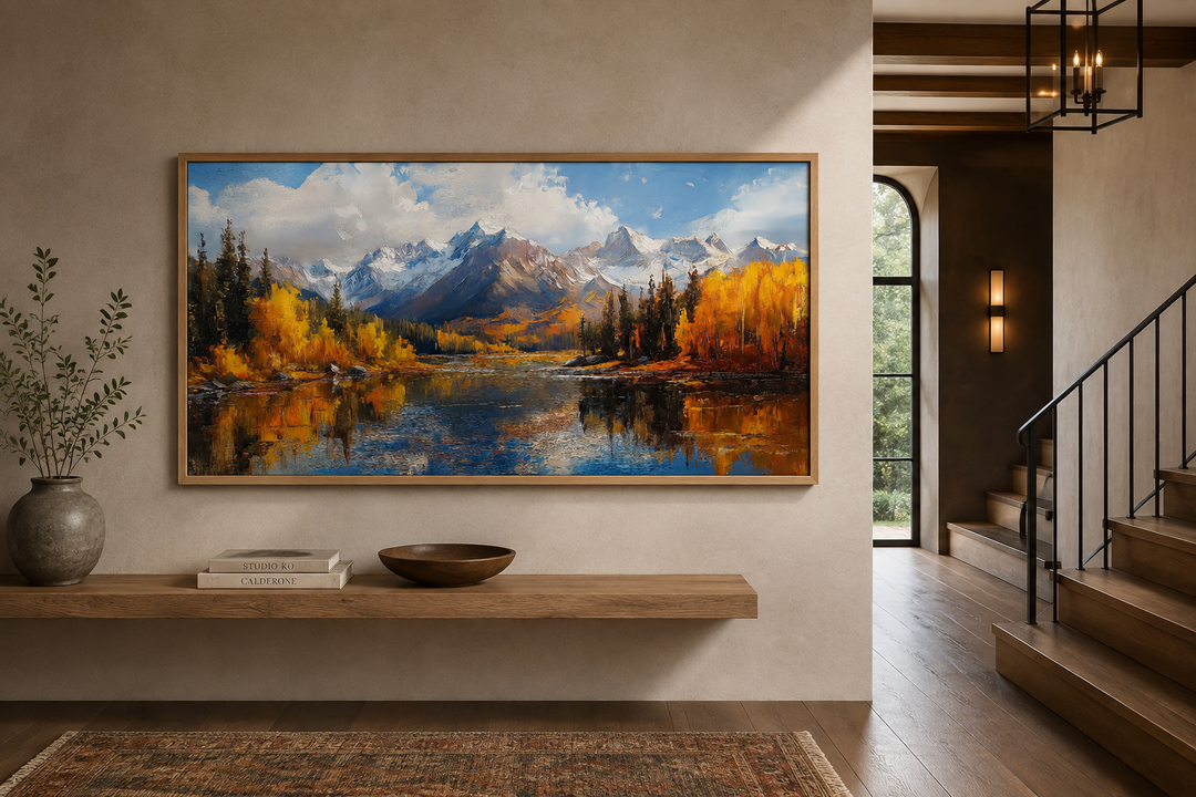 Colorado Rocky Mountains in Autumn framed canvas wall art above a wooden shelf in a modern room.