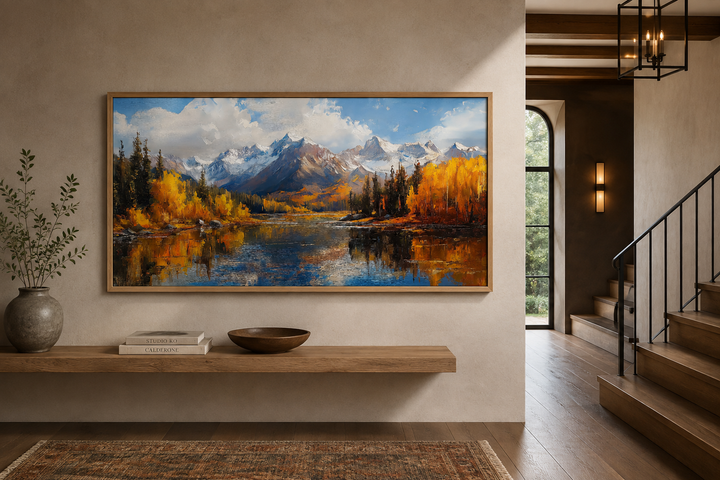 Colorado Rocky Mountains in Autumn framed canvas wall art above a wooden shelf in a modern room.