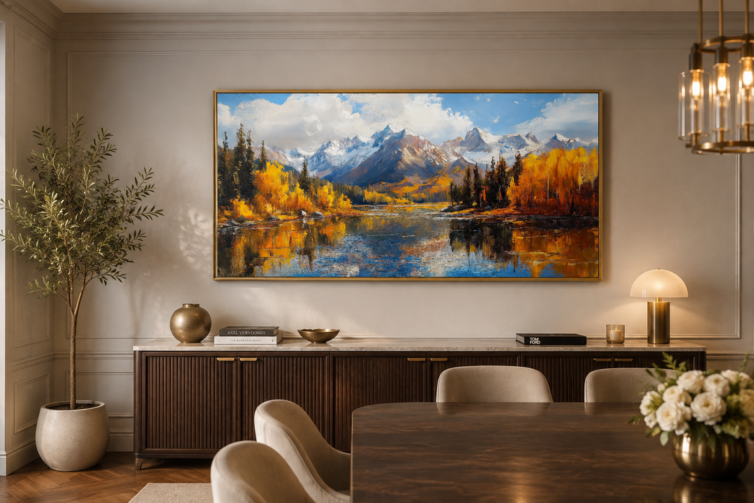 Framed canvas painting of Colorado Rocky Mountains in autumn with golden trees and lake reflection.