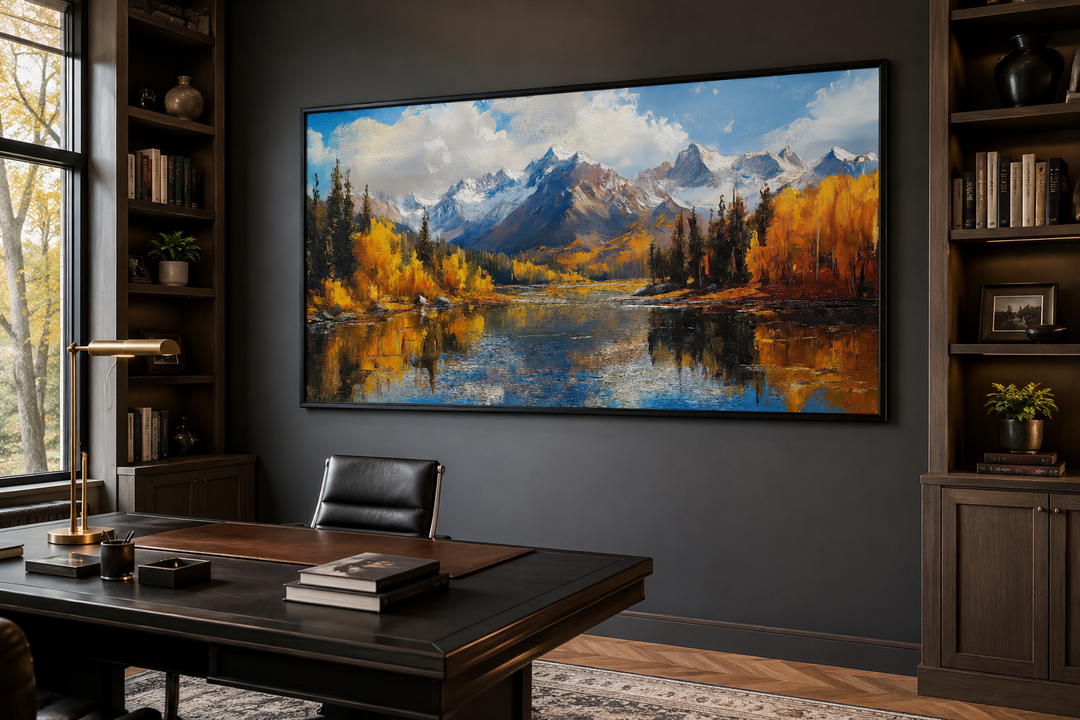 Framed canvas painting of the Colorado Rocky Mountains in autumn above a dark wood office desk.