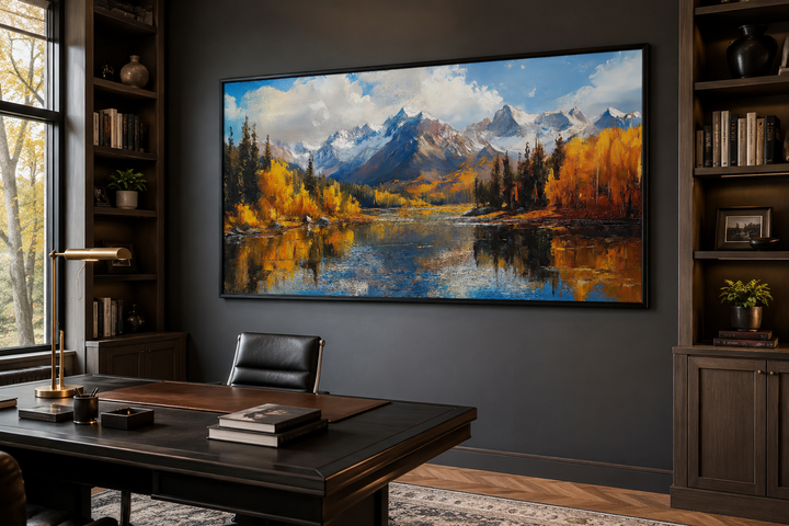 Framed canvas painting of the Colorado Rocky Mountains in autumn above a dark wood office desk.
