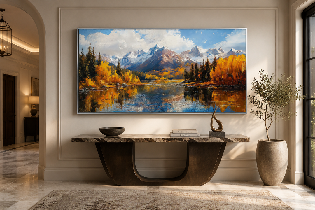 Colorado Rocky Mountains in Autumn framed canvas wall art above a console table in a modern room.