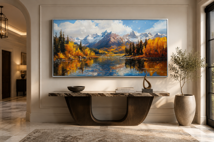 Colorado Rocky Mountains in Autumn framed canvas wall art above a console table in a modern room.