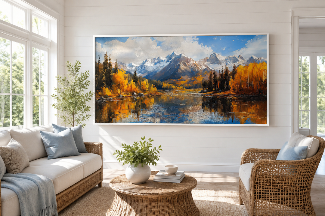 Framed canvas painting of the Colorado Rocky Mountains in autumn with golden trees and a lake.
