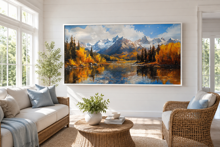 Framed canvas painting of the Colorado Rocky Mountains in autumn with golden trees and a lake.