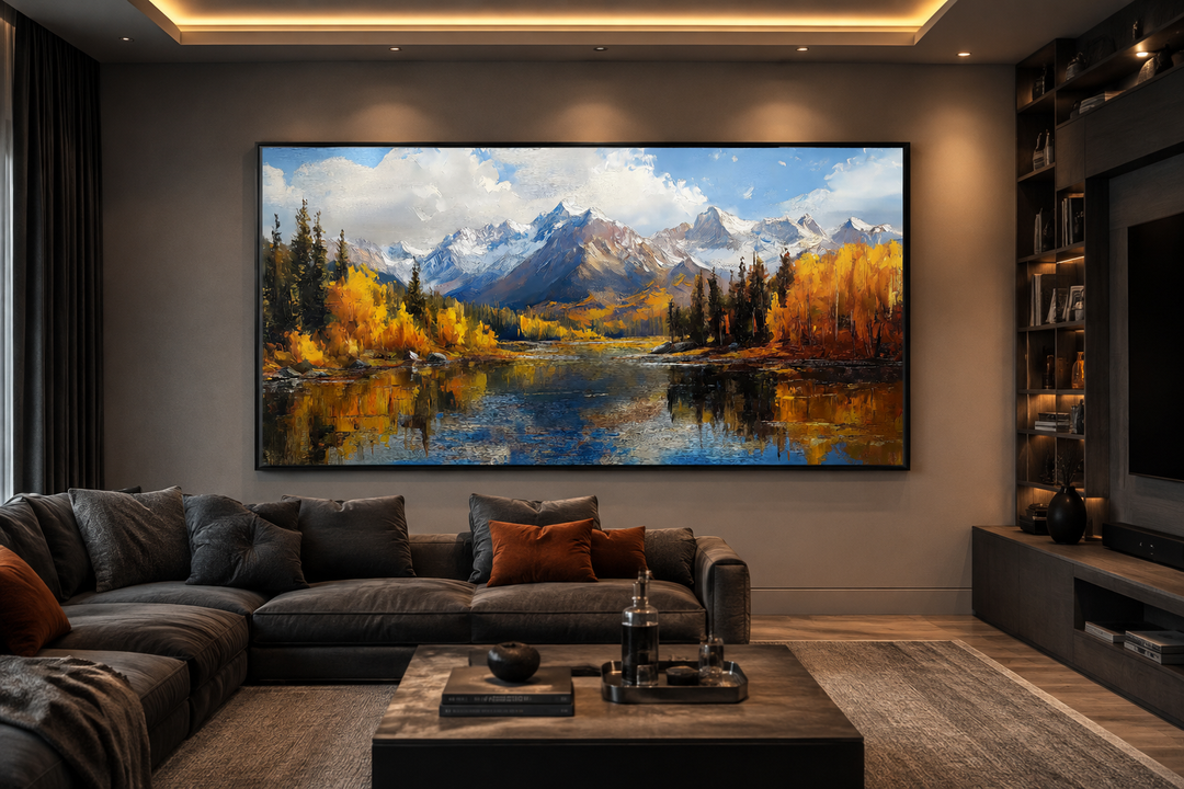 Framed canvas wall art of the Colorado Rocky Mountains in autumn above a modern living room sofa.