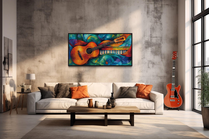 Colorful Abstract Guitar Framed Canvas Wall Art For Music Room