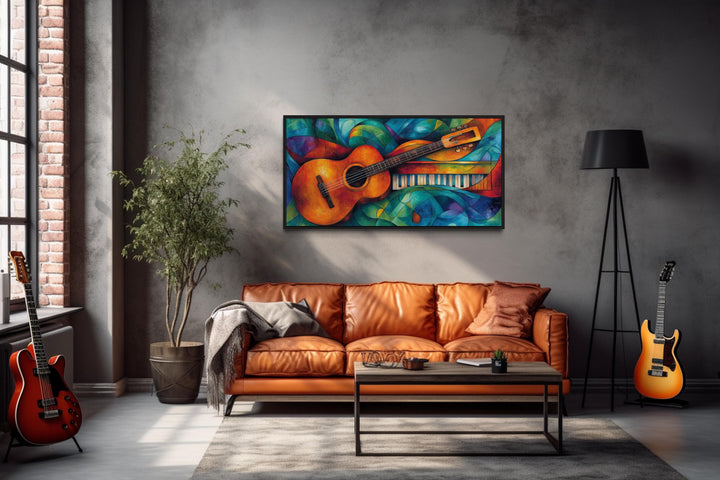 Colorful Abstract Guitar Framed Canvas Wall Art For Music Room