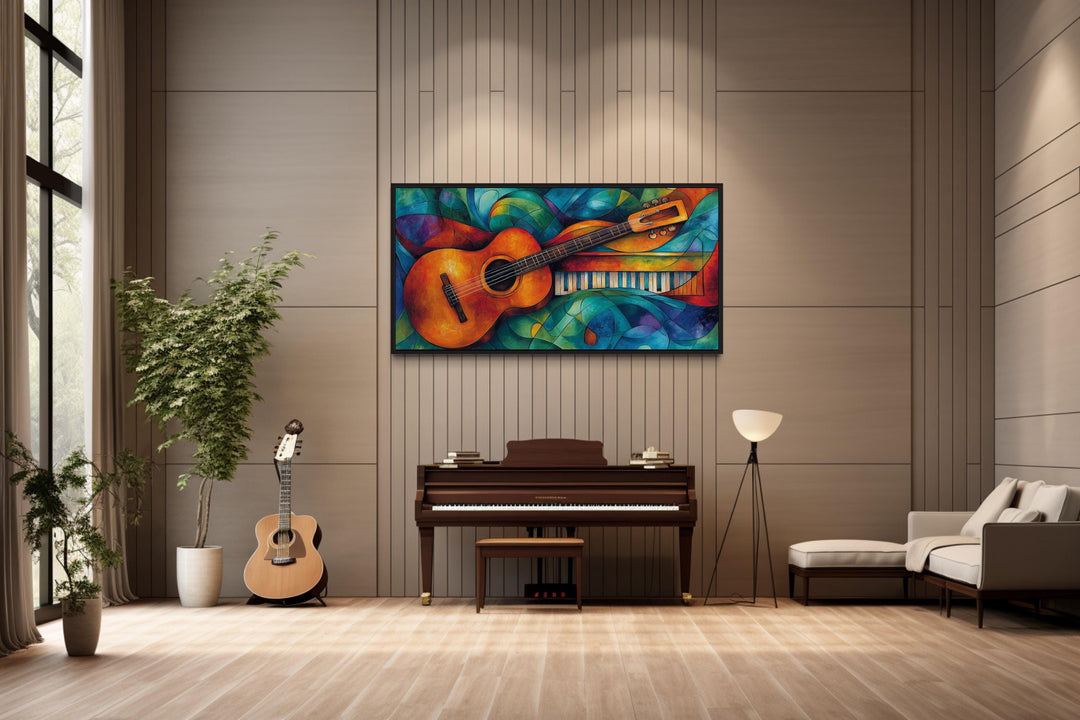 Colorful Abstract Guitar Framed Canvas Wall Art For Music Room