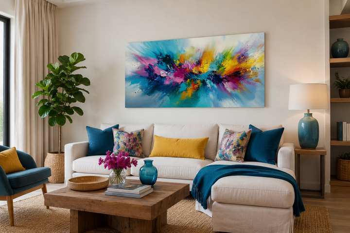 Large colorful abstract wall art with vibrant blue, pink, and yellow brushstrokes over a white sofa.