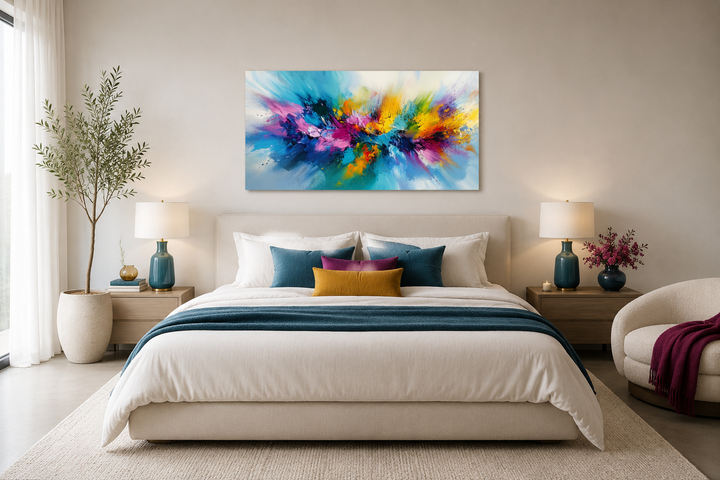 Colorful abstract wall art with blue, pink, and yellow brushstrokes above a modern bed.