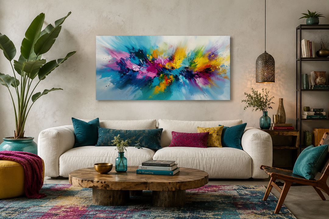Large horizontal abstract canvas art with vibrant blue, pink, and yellow splashes above a white sofa.