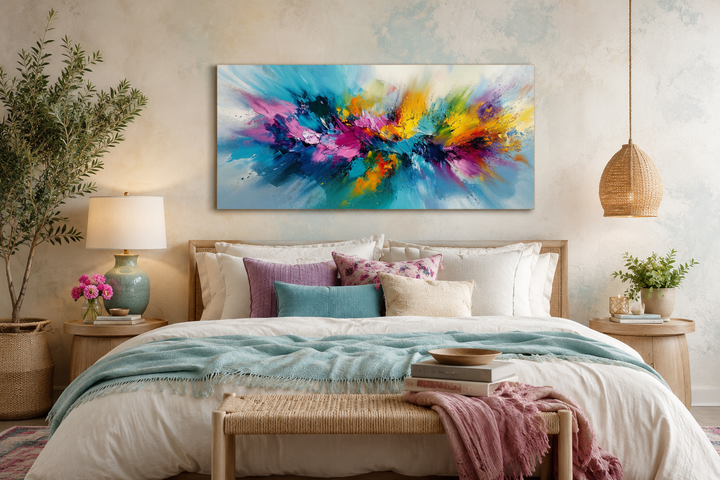 Extra-large colorful abstract canvas wall art with vibrant multicolored brushstrokes above a bed.