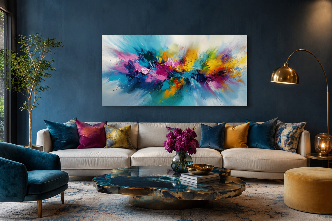 Colorful abstract wall art with vibrant blue, pink, and yellow brushstrokes over a modern sofa.