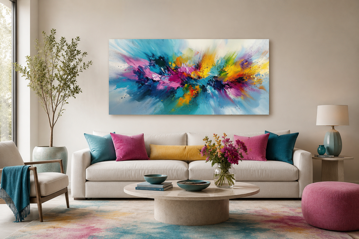 Large colorful abstract canvas wall art with vibrant blue, pink, and yellow brushstrokes.