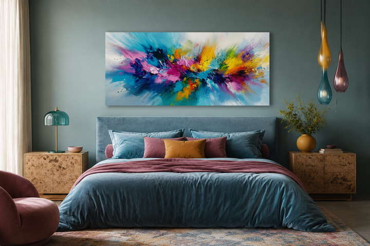 Large horizontal abstract canvas art with vibrant blue, pink, and yellow splashes above a bed.