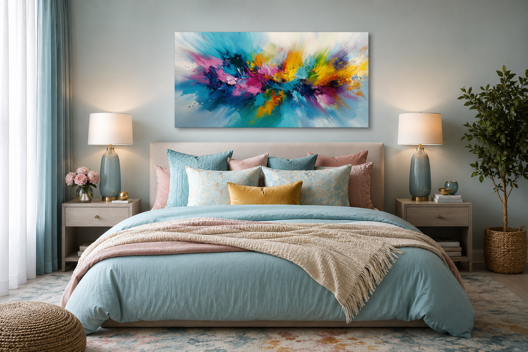 Colorful abstract wall art with vibrant blue, pink, and yellow brushstrokes over a bed.