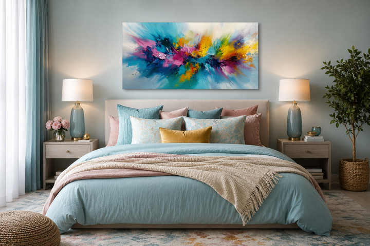 Colorful abstract wall art with vibrant blue, pink, and yellow brushstrokes over a bed.