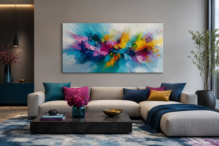 Colorful abstract wall art with vibrant multicolored brushstrokes above a modern beige sofa.