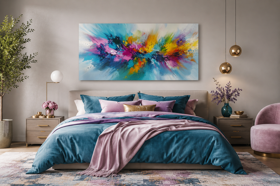 Extra-large colorful abstract canvas wall art with vibrant multicolored brushstrokes above a bed.