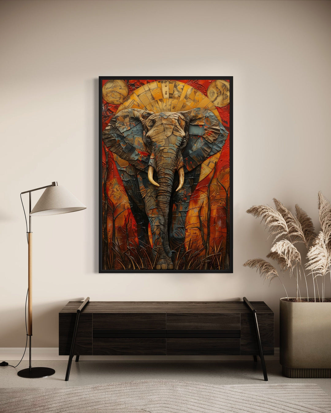 Colorful African Elephant Abstract Framed Canvas Wall Art