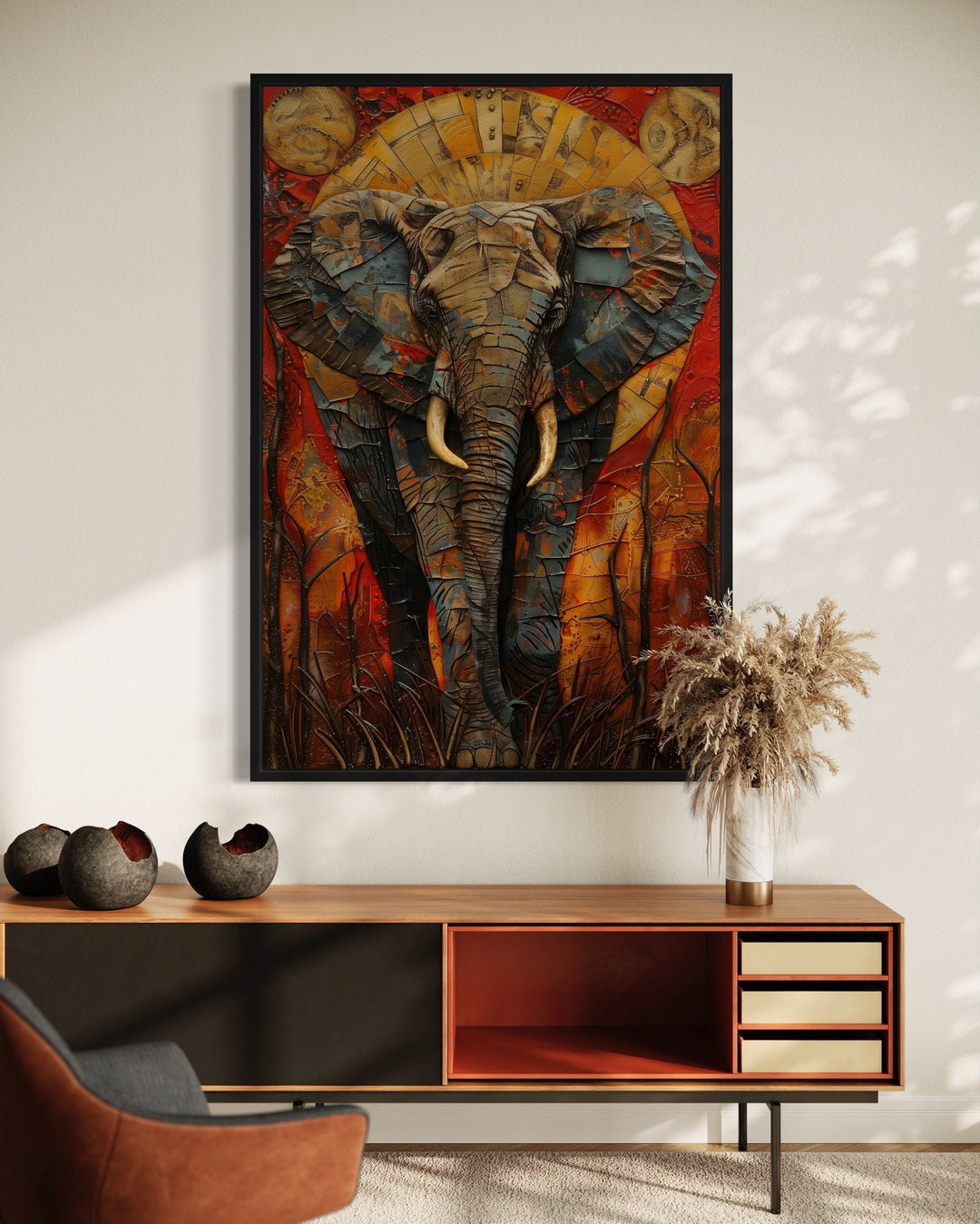 Colorful African Elephant Abstract Framed Canvas Wall Art