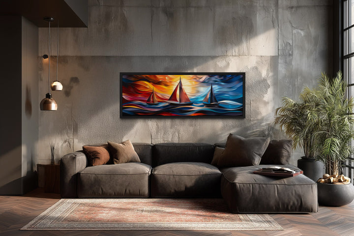 Colorful Art Deco Sail Boats Panoramic Framed Canvas Wall Art