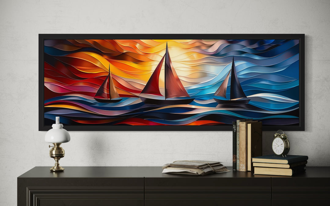 Colorful Art Deco Sail Boats Panoramic Framed Canvas Wall Art