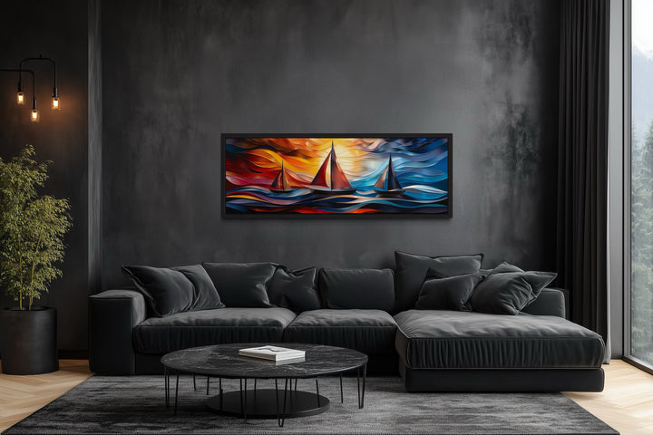 Colorful Art Deco Sail Boats Panoramic Framed Canvas Wall Art