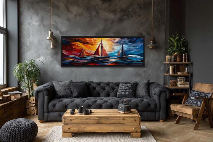 Colorful Art Deco Sail Boats Panoramic Framed Canvas Wall Art