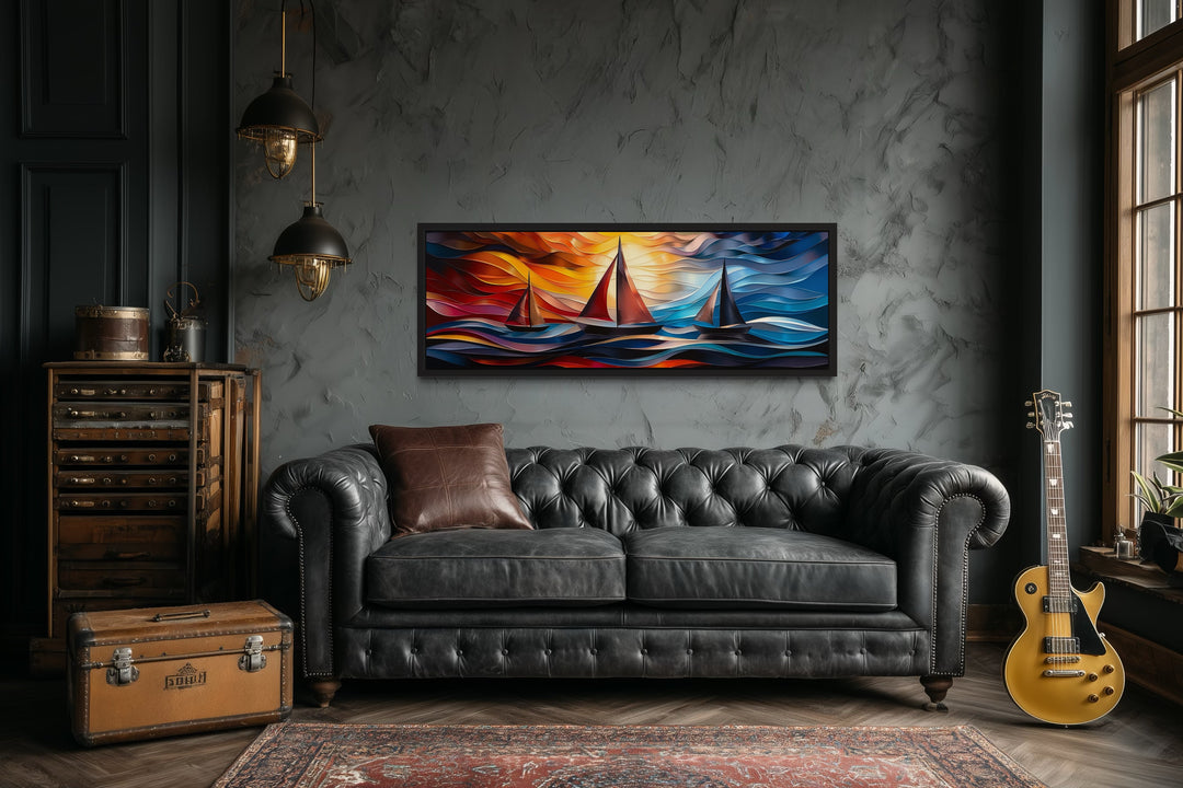 Colorful Art Deco Sail Boats Panoramic Framed Canvas Wall Art